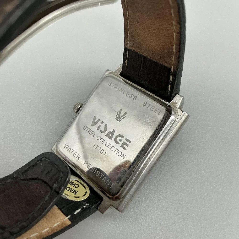 Visage Womens Watch 29mm Black Square Dial Brown Leather Band New Battery
